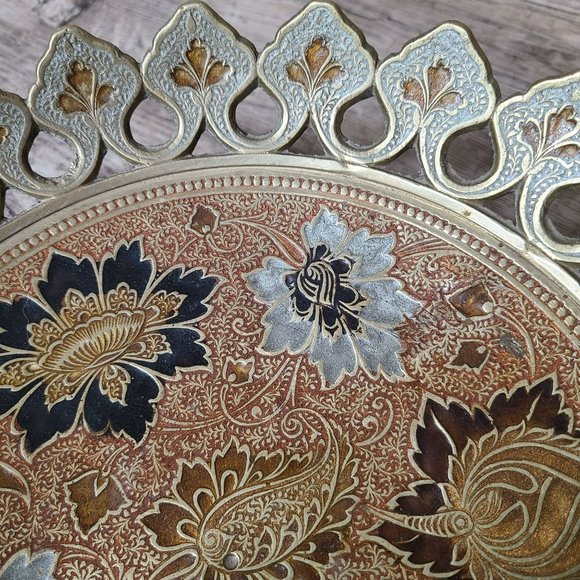 Vtg Enamel & Brass Pedestal Bowl Tray Floral Design Solid Cut 10" Made in India - Picture 7 of 14